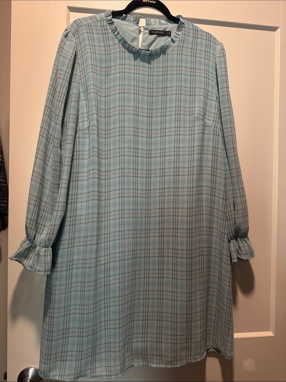 Light Blue Plaid Ruffle-Neck Long Sleeve Dress